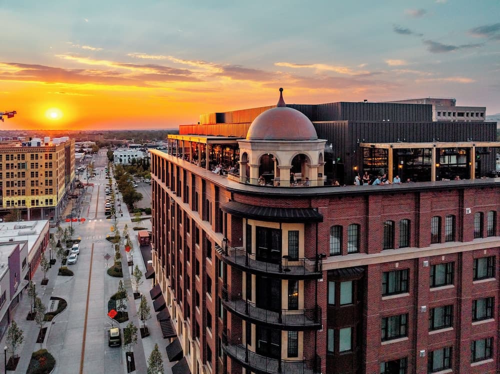 Hotel Renegade rooftop bar at sunset in downtown Boise, Idaho